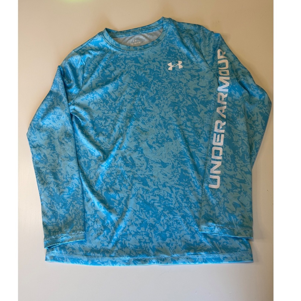Under Armour Boys Blue Marble Print Long Sleeve Active Shirt Size Youth Medium